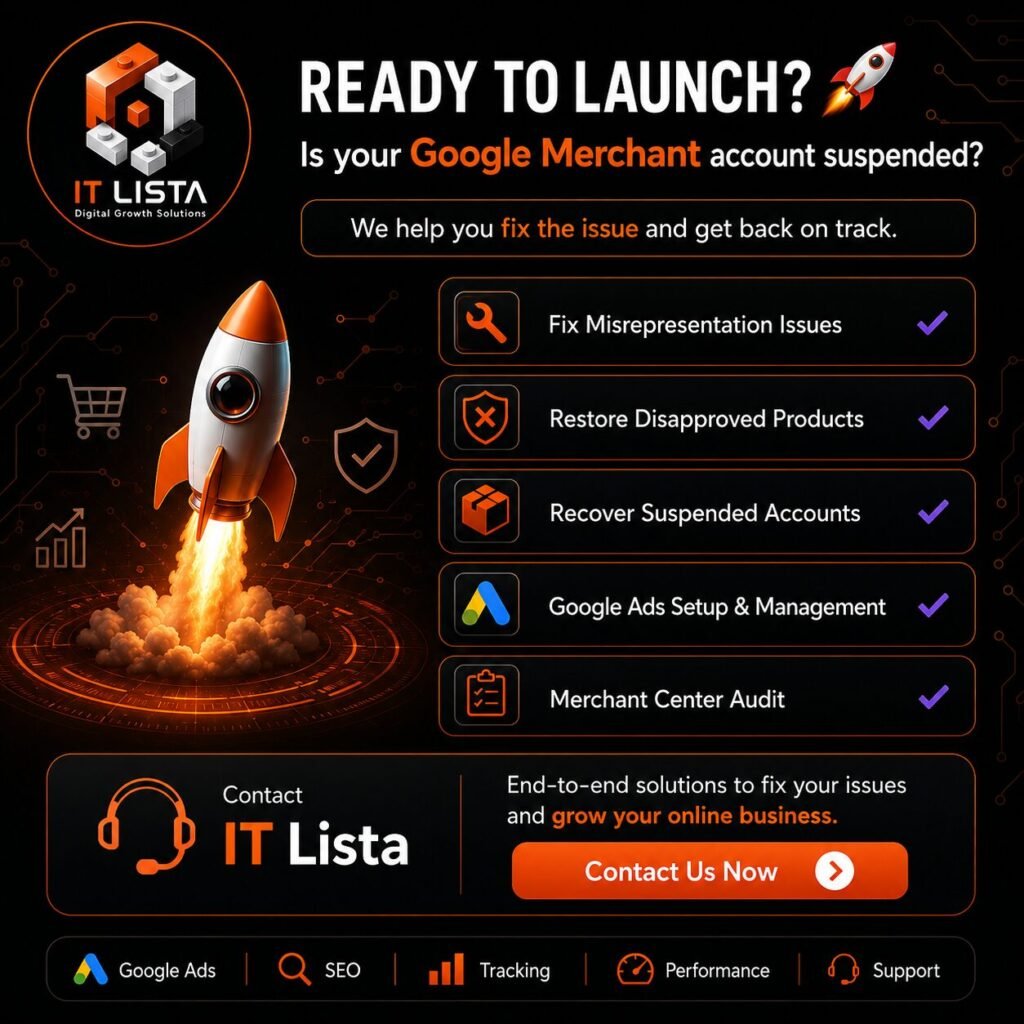 Call-to-action banner promoting IT Lista's Google Merchant Center support, including account recovery, misrepresentation fixes, product approval, and Google Ads management.