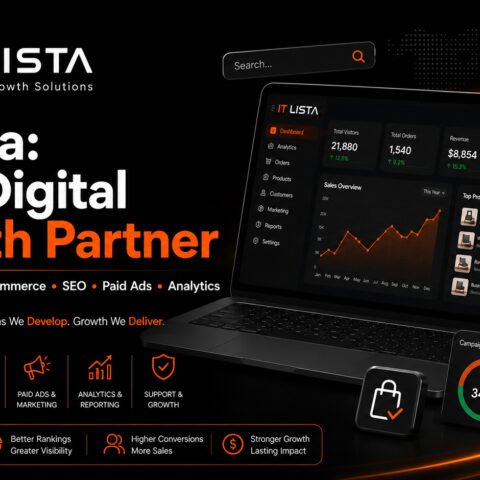 IT Lista digital growth solutions cover featuring web development, e-commerce, SEO, paid ads, and analytics services