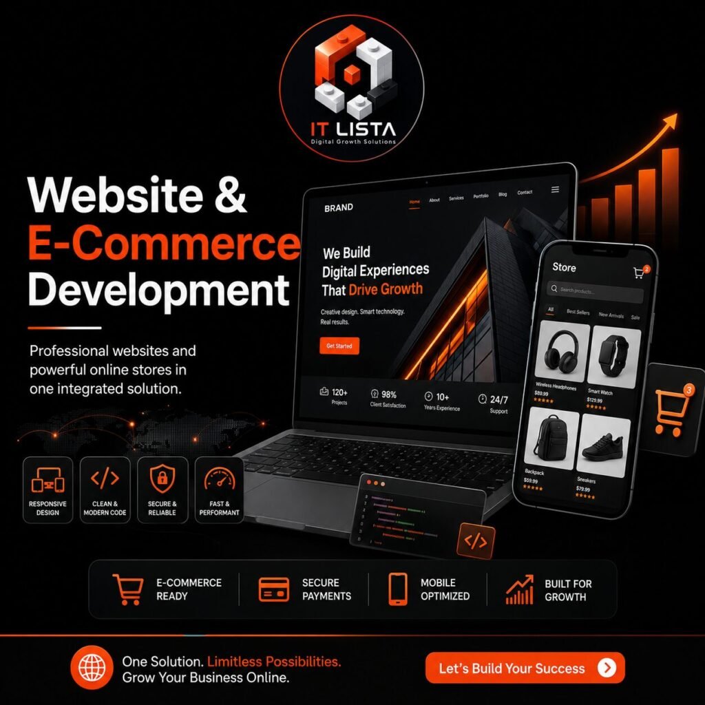 IT Lista website and e-commerce development design showing professional website creation, online store development, responsive design, secure payments, mobile optimization, and business growth solutions